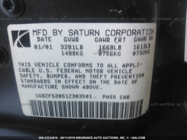 1G8ZF52851Z303501 - 2001 SATURN SL GRAY photo 9