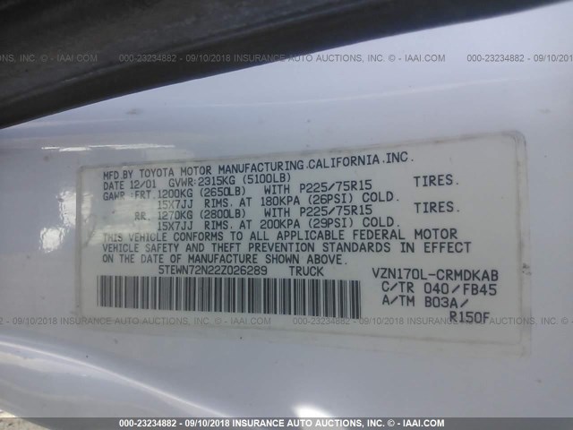 5TEWN72N22Z026289 - 2002 TOYOTA TACOMA XTRACAB WHITE photo 9