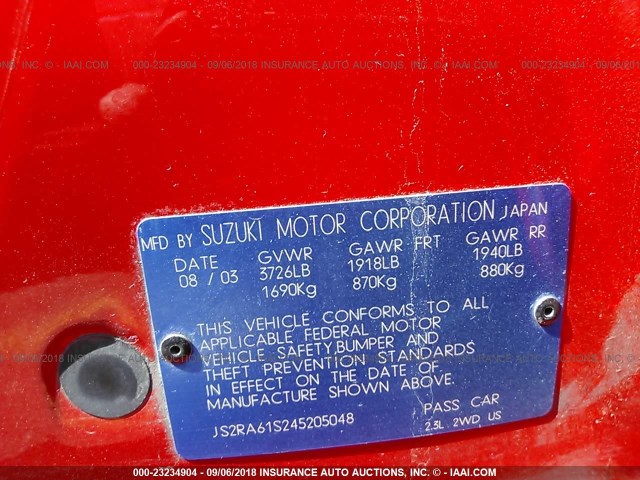 JS2RA61S245205048 - 2004 SUZUKI AERIO S/LX RED photo 9