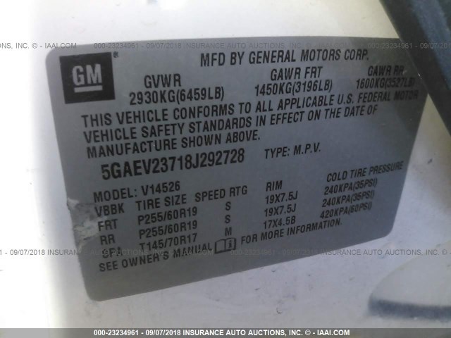 5GAEV23718J292728 - 2008 BUICK ENCLAVE CXL WHITE photo 9