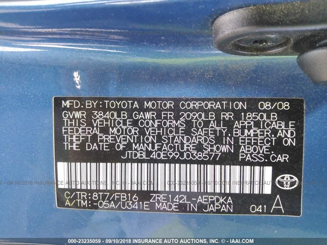 JTDBL40E99J038577 - 2009 TOYOTA COROLLA LE/XLE Light Blue photo 9