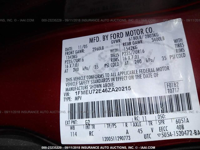 1FMEU72E46ZA20215 - 2006 FORD EXPLORER XLS RED photo 9