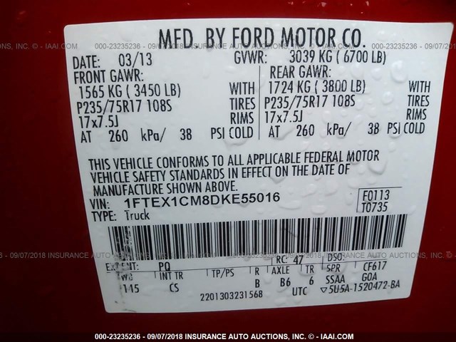 1FTEX1CM8DKE55016 - 2013 FORD F150 SUPER CAB RED photo 9