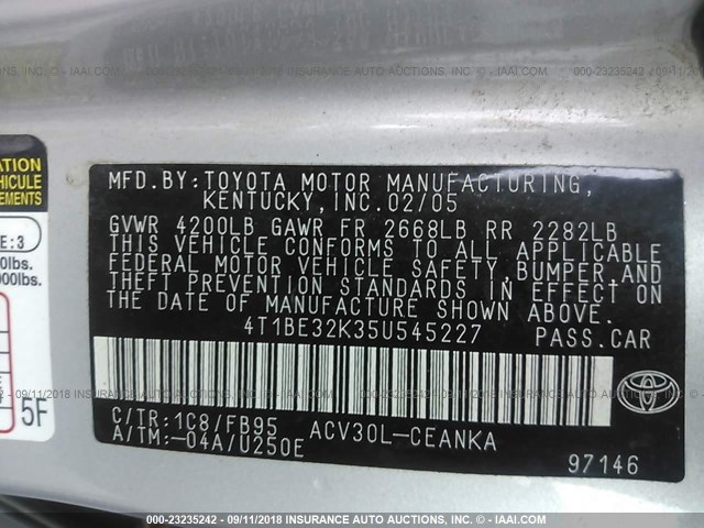 4T1BE32K35U545227 - 2005 TOYOTA CAMRY LE/XLE/SE Gümüş foto 9