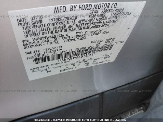 1FAHP2FW6AG153616 - 2010 FORD TAURUS LIMITED SILVER photo 9