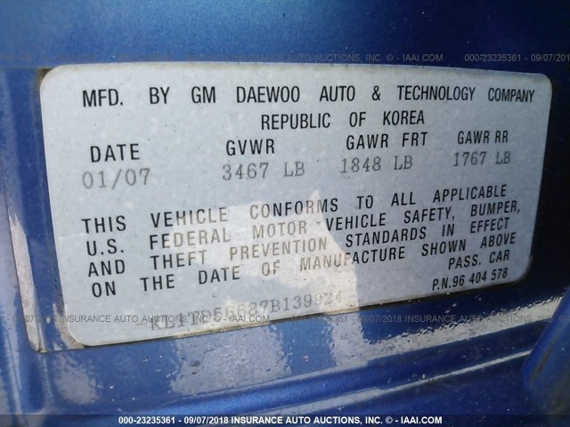 KL1TD56687B139924 - 2007 CHEVROLET AVEO LS BLUE photo 9