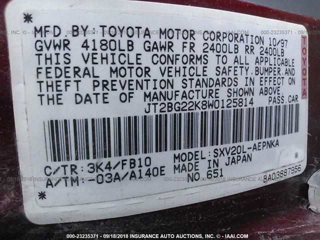 JT2BG22K8W0125814 - 1998 TOYOTA CAMRY CE/LE/XLE 红色 照片 9
