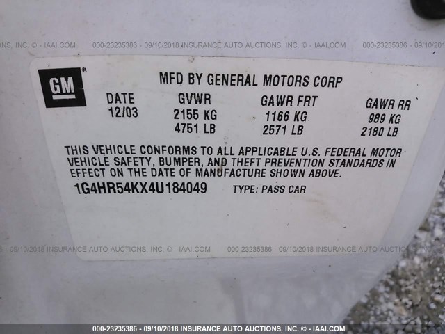 1G4HR54KX4U184049 - 2004 BUICK LESABRE LIMITED WHITE photo 9