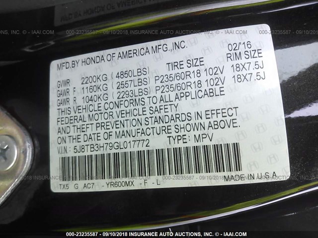 5J8TB3H79GL017772 - 2016 ACURA RDX ADVANCE Tünd qəhvəyi foto 9