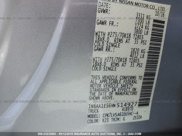 1N6AA1E56HN514927 - 2017 NISSAN TITAN SV/SL/PRO-4X/PLAT RES SILVER photo 9