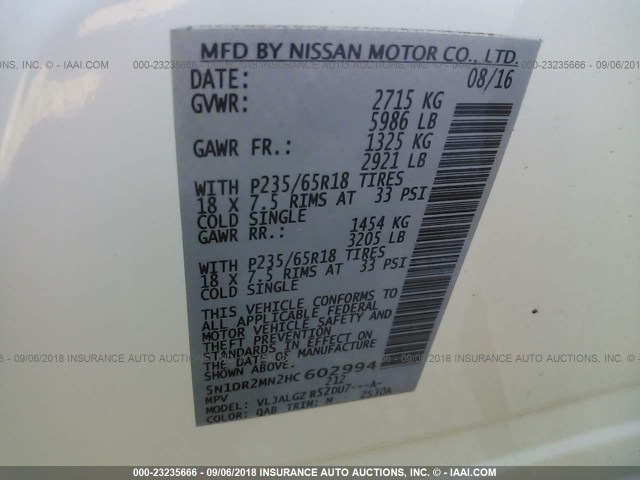 5N1DR2MN2HC602994 - 2017 NISSAN PATHFINDER S/SV/SL/PLATINUM WHITE photo 9