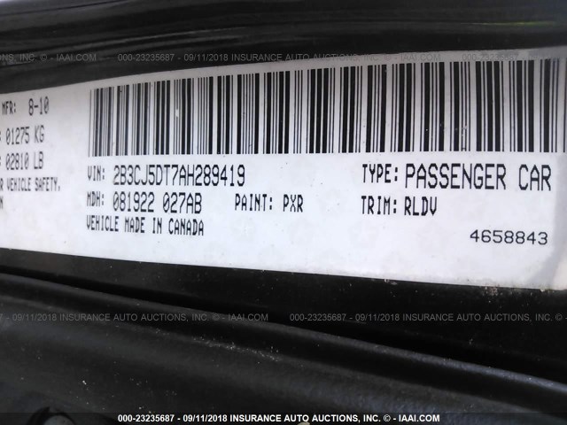 2B3CJ5DT7AH289419 - 2010 DODGE CHALLENGER R/T BLACK photo 9