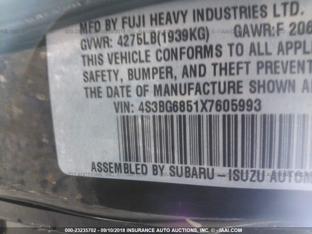 4S3BG6851X7605993 - 1999 SUBARU LEGACY OUTBACK/SSV/LIMITED/30TH BLACK photo 9