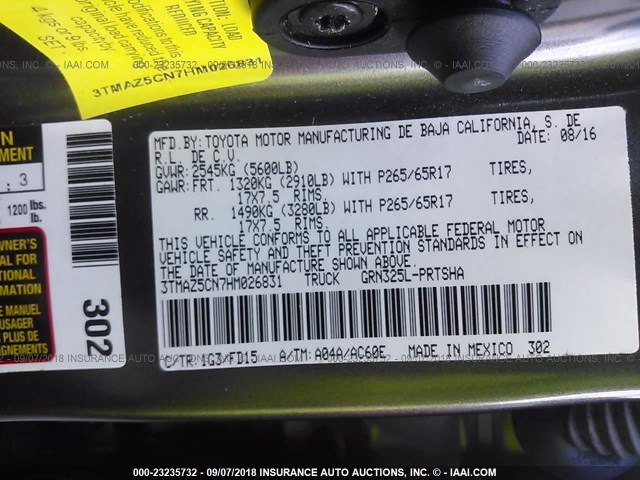 3TMAZ5CN7HM026831 - 2017 TOYOTA TACOMA DBL CAB/SR5/TRD SPORT/OR GRAY photo 9