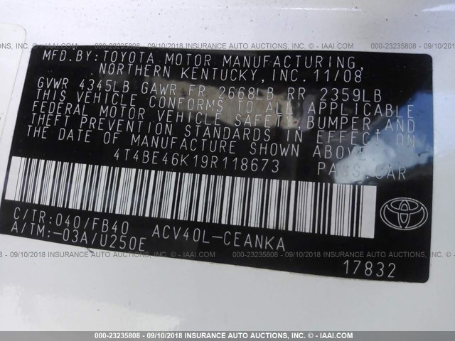 4T4BE46K19R118673 - 2009 TOYOTA CAMRY SE/LE/XLE WHITE photo 9