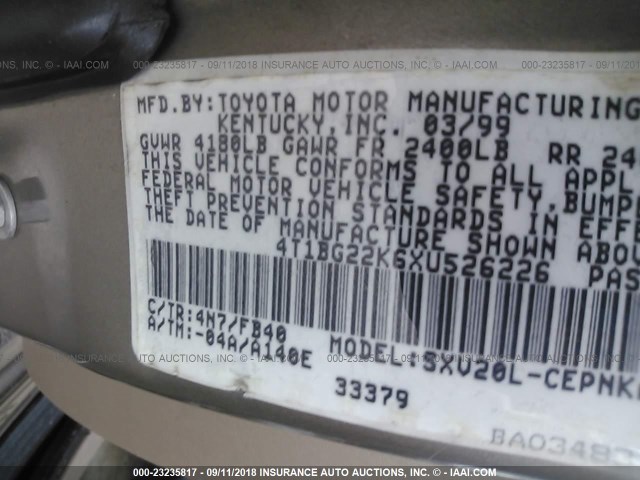4T1BG22K6XU526226 - 1999 TOYOTA CAMRY CE/LE/XLE 米色 照片 9