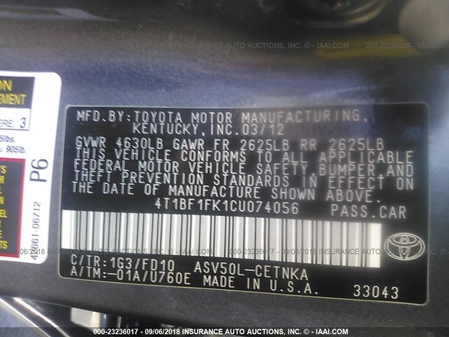 4T1BF1FK1CU074056 - 2012 TOYOTA CAMRY SE/LE/XLE 灰色 照片 9