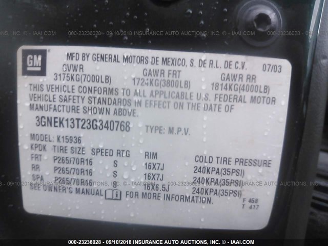 3GNEK13T23G340768 - 2003 CHEVROLET AVALANCHE K1500 GREEN photo 9