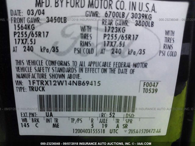 1FTRX12W14NB69415 - 2004 FORD F150 BLACK photo 9