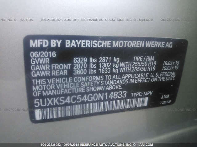 5UXKS4C54G0N14833 - 2016 BMW X5 XDRIVE35D SILVER photo 9