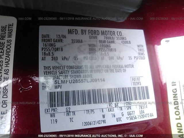 5LMFU28557LJ09114 - 2007 LINCOLN NAVIGATOR RED photo 9