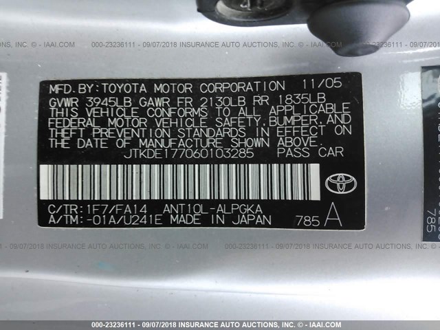 JTKDE177060103285 - 2006 TOYOTA SCION TC 银色 照片 9