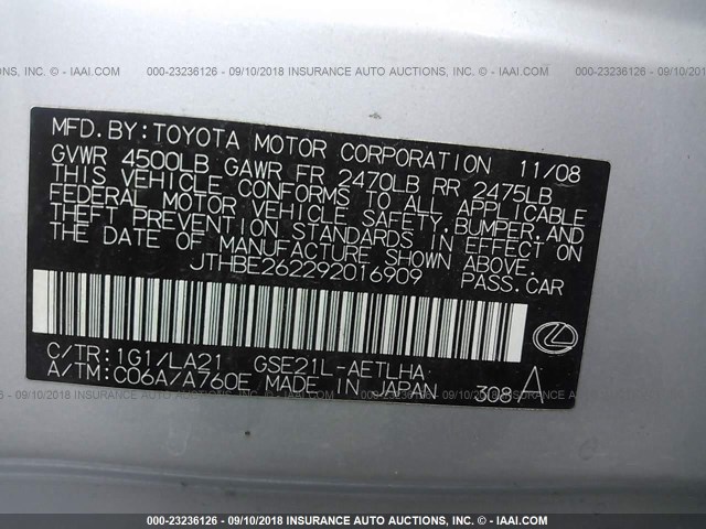 JTHBE262292016909 - 2009 LEXUS IS 350 SILVER photo 9