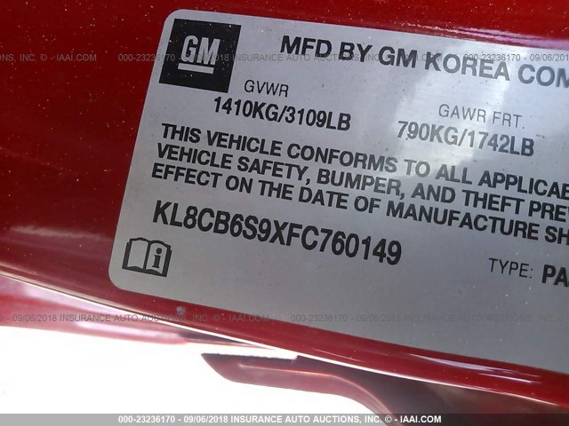 KL8CB6S9XFC760149 - 2015 CHEVROLET SPARK LS RED photo 9