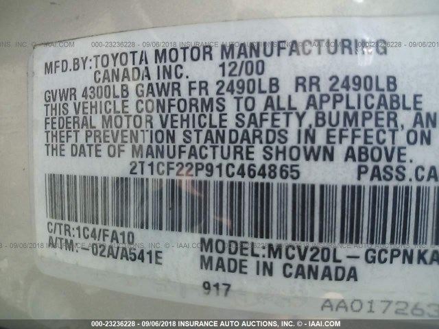 2T1CF22P91C464865 - 2001 TOYOTA CAMRY SOLARA SE/SLE SILVER photo 9