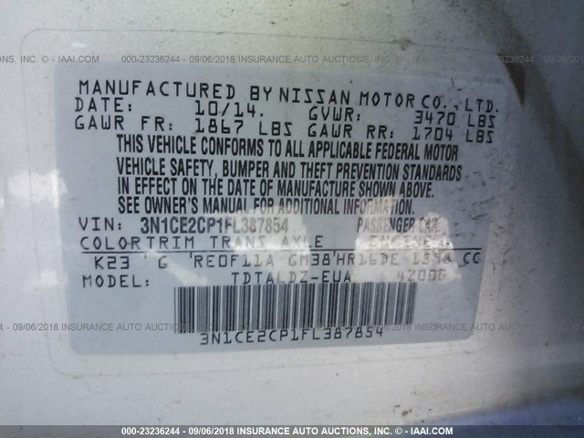 3N1CE2CP1FL387854 - 2015 NISSAN VERSA NOTE S/S PLUS/SV/SL/SR GRAY photo 9