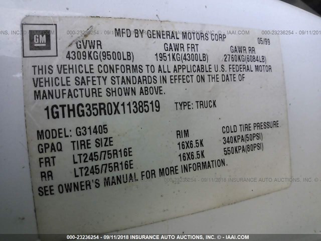 1GTHG35R0X1138519 - 1999 GMC SAVANA G3500 WHITE photo 9