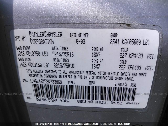 1J4GL48K53W733868 - 2003 JEEP LIBERTY SPORT/FREEDOM ვერცხლისფერი ფოტო 9