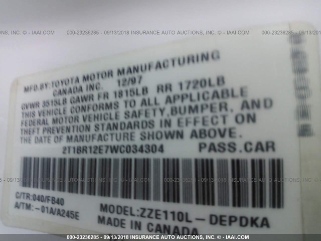 2T1BR12E7WC034304 - 1998 TOYOTA COROLLA VE/CE/LE 白色 照片 9