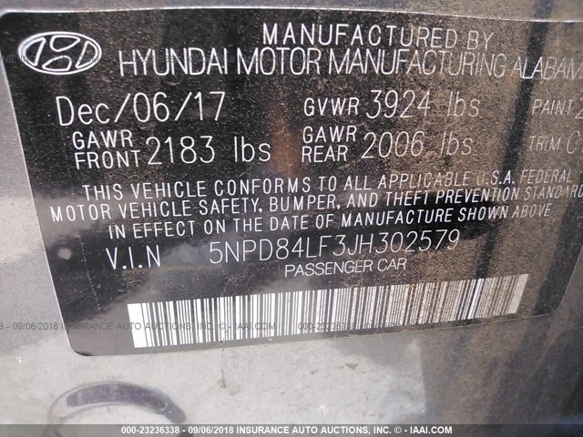 5NPD84LF3JH302579 - 2018 HYUNDAI ELANTRA SEL/VALUE/LIMITED GRAY photo 9