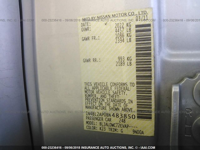 1N4BL2AP0BN483850 - 2011 NISSAN ALTIMA SR SILVER photo 9