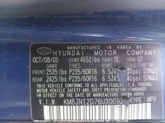 KM8JN12D76U300921 - 2006 HYUNDAI TUCSON GLS/LIMITED BLUE photo 9