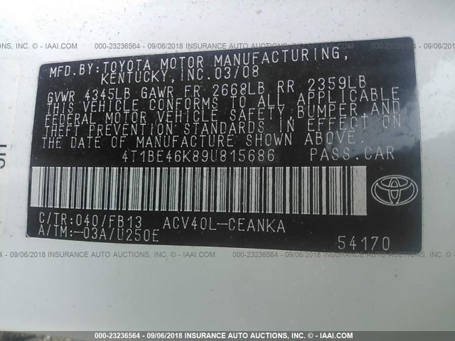 4T1BE46K89U815686 - 2009 TOYOTA CAMRY SE/LE/XLE თეთრი ფოტო 9