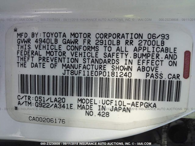 JT8UF11E0P0181240 - 1993 LEXUS LS 400 WHITE photo 9