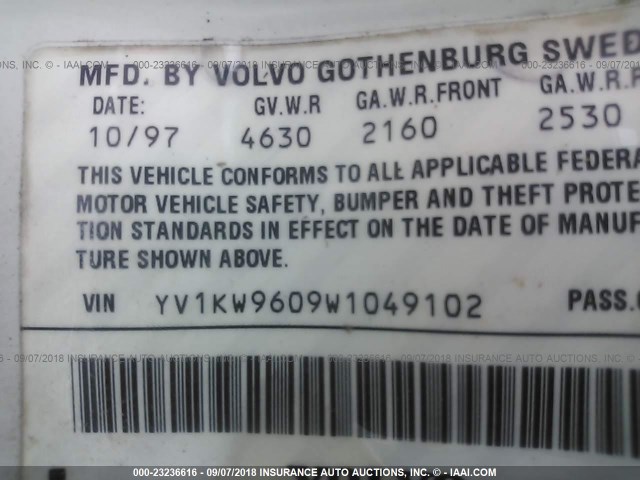 YV1KW9609W1049102 - 1998 VOLVO V90 WHITE photo 9