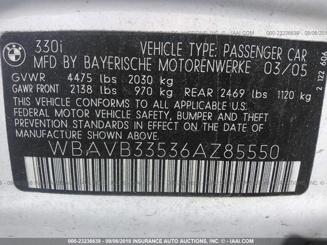 WBAVB33536AZ85550 - 2006 BMW 330 I WHITE photo 9