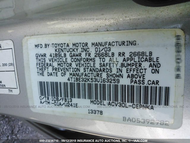 4T1BE32K53U163259 - 2003 TOYOTA CAMRY LE/XLE/SE Күміс фото 9