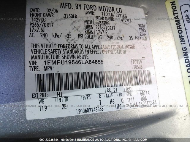 1FMFU19546LA64855 - 2006 FORD EXPEDITION LIMITED SILVER photo 9