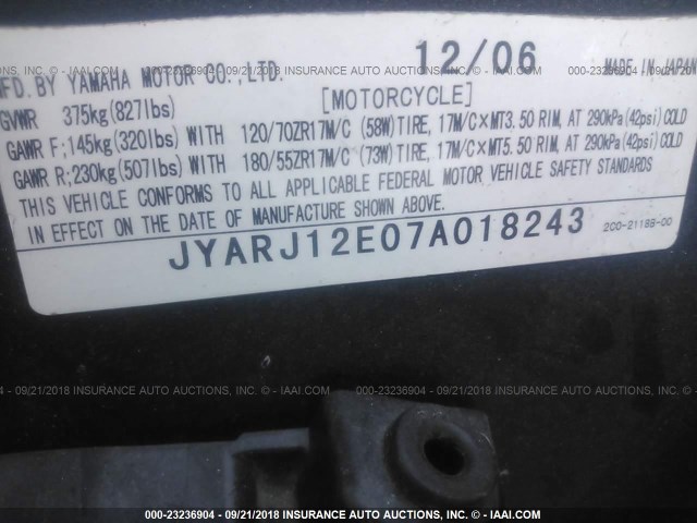 JYARJ12E07A018243 - 2007 YAMAHA YZFR6 L GRAY photo 10