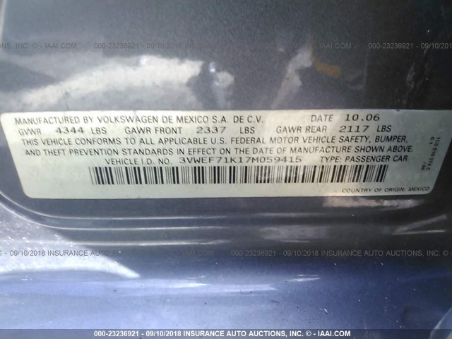 3VWEF71K17M059415 - 2007 VOLKSWAGEN JETTA WOLFSBURG 灰色 照片 9