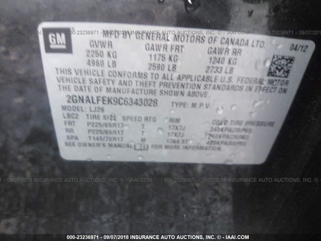 2GNALFEK9C6343028 - 2012 CHEVROLET EQUINOX LTZ BLACK photo 9