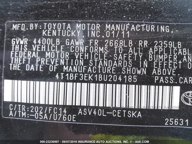 4T1BF3EK1BU204185 - 2011 TOYOTA CAMRY SE/LE/XLE BLACK photo 9