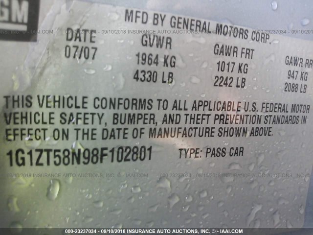 1G1ZT58N98F102801 - 2008 CHEVROLET MALIBU LT/CLASSIC Hellblau Foto 9