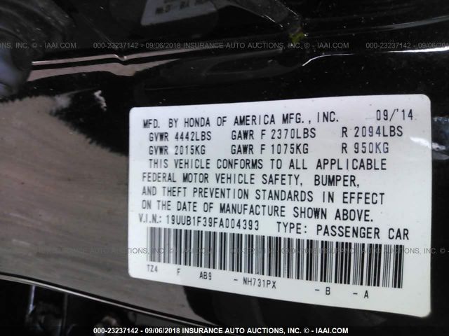 19UUB1F39FA004393 - 2015 ACURA TLX BLACK photo 9