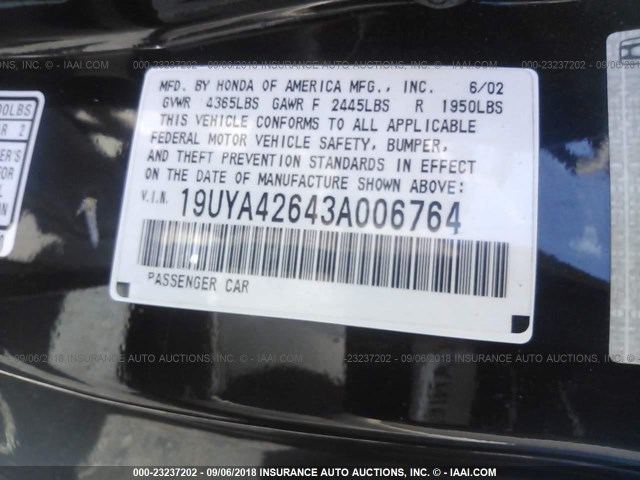 19UYA42643A006764 - 2003 ACURA 3.2CL TYPE-S BLACK photo 9