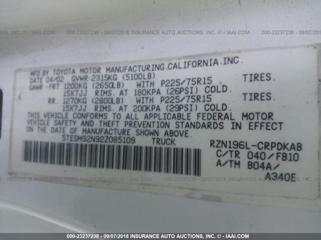 5TESM92N92Z085109 - 2002 TOYOTA TACOMA XTRACAB PRERUNNER თეთრი ფოტო 9